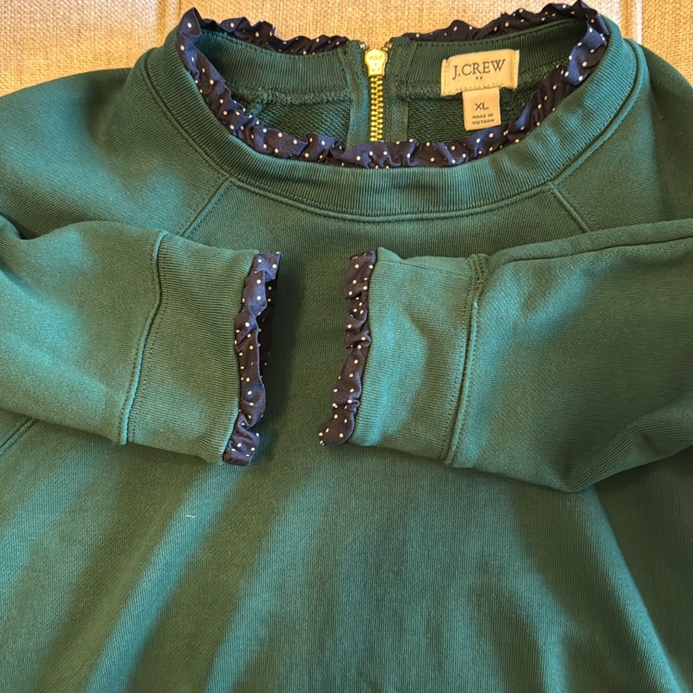 J. Crew Factory Green Sweatshirt with Navy Polka Dot Trim - Picture 2 of 7